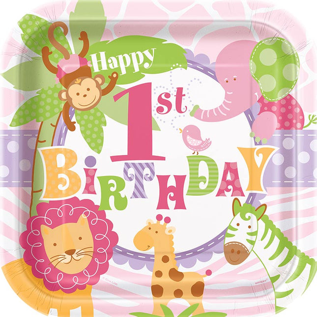 Pappteller Happy Birthday 1st Safari Pink Quadrat 23cm/8St.