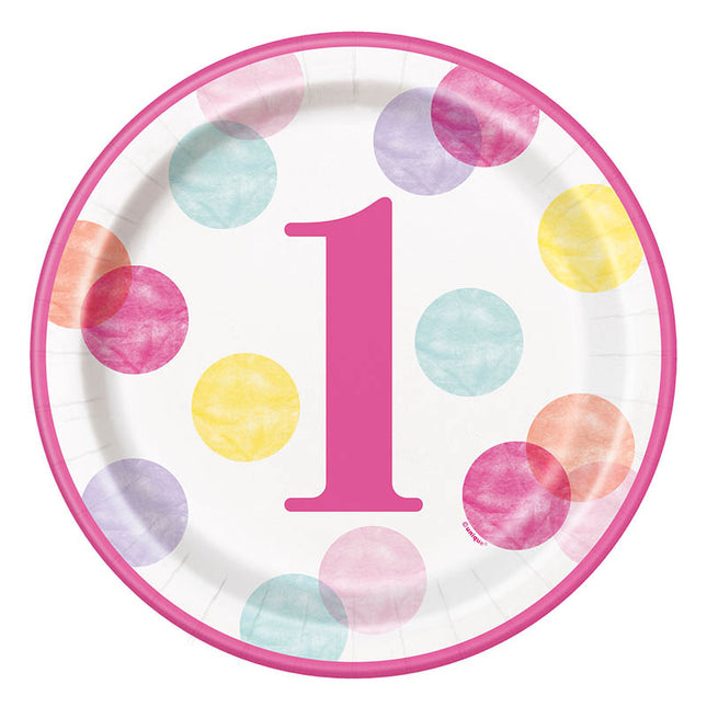 Pappteller Dots Rosa 1st Birthday 23cmØ/8St.