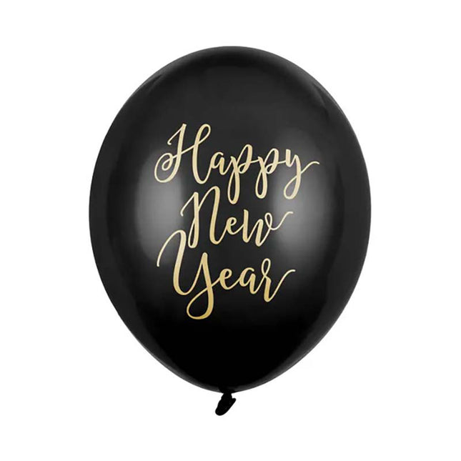 Latexballon Ø30cm "Happy New Year" | 6 Stk. - Schwarz