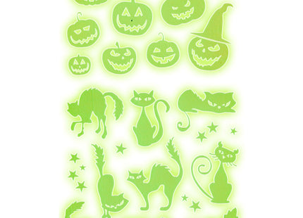 Leuchtende Deko Sticker "Kürbis und Katzen" - 21 x 15 cm | Halloween Wanddekoration