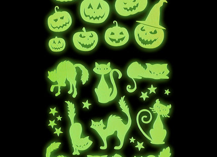 Leuchtende Deko Sticker "Kürbis und Katzen" - 21 x 15 cm | Halloween Wanddekoration