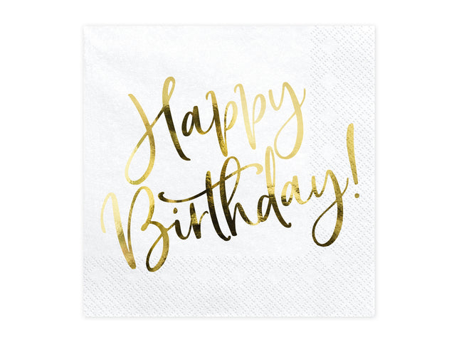 Servietten Happy Birthday Gold 33x33cm/20St. Weiß