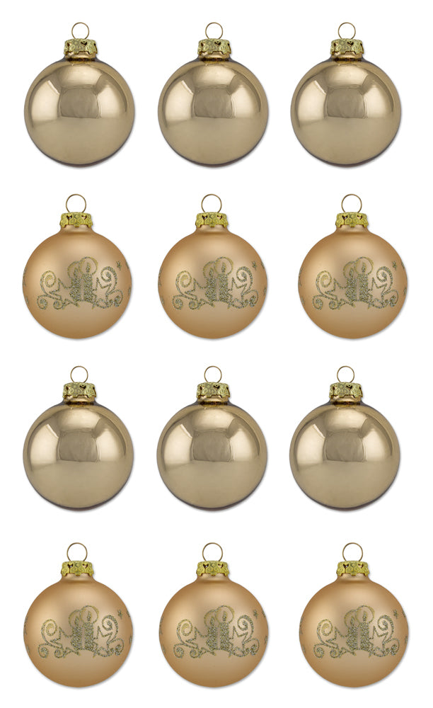 Thüringer Glasdesign Weihnachtskugel-Set 8cm 12-tlg. - Gold mit Glitzer Dekor Kerze - A012-0808-1340